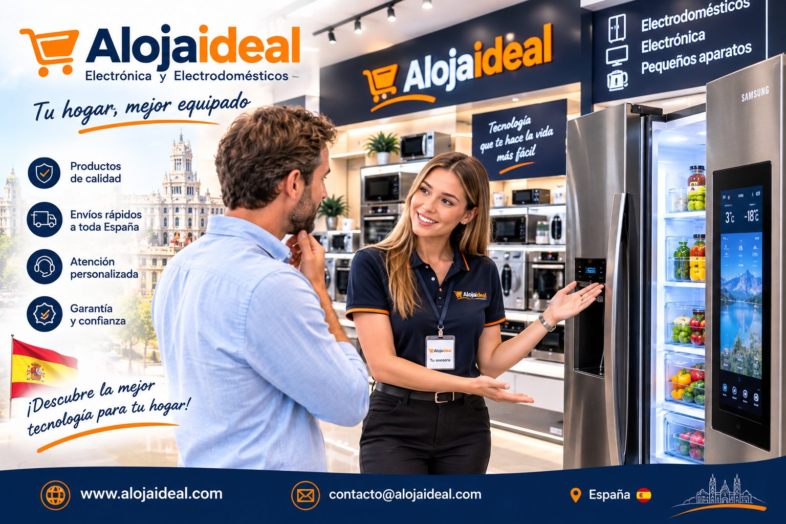 Una asesora de Veltora presenta un frigorífico americano a un cliente en la tienda